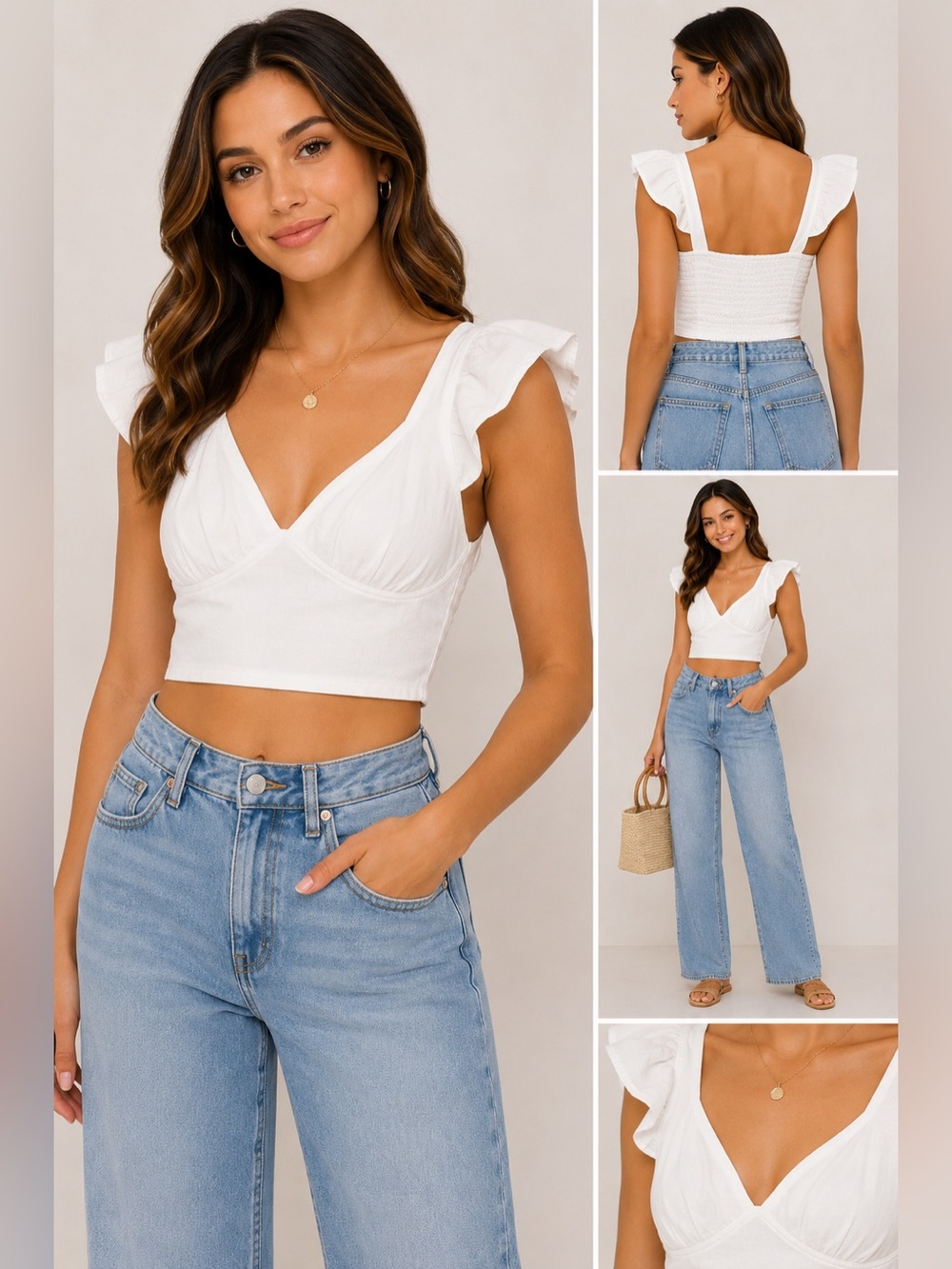 A New Day White Ruffle Sleeve Smocked Crop Top Size M NWT